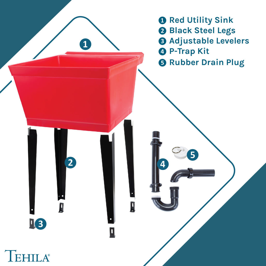 Standard Utility Sink | Red Utility Sink | Black Steel Legs | Adjustable Levelers | P-Trap Kit | Rubber Drain Plug