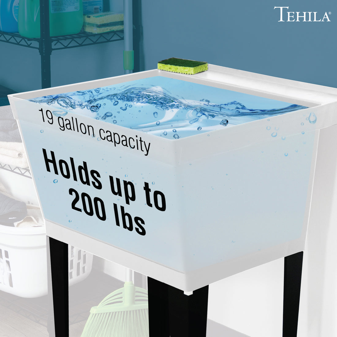 Utility Sink can hold up to 200 lbs or 19 gallons