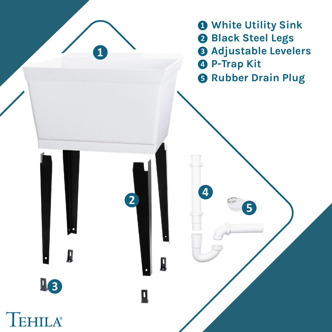 White Utility Sink | Black Steel Legs | Adjustable Levelers | P-trap Kit | Rubber Drain Plug