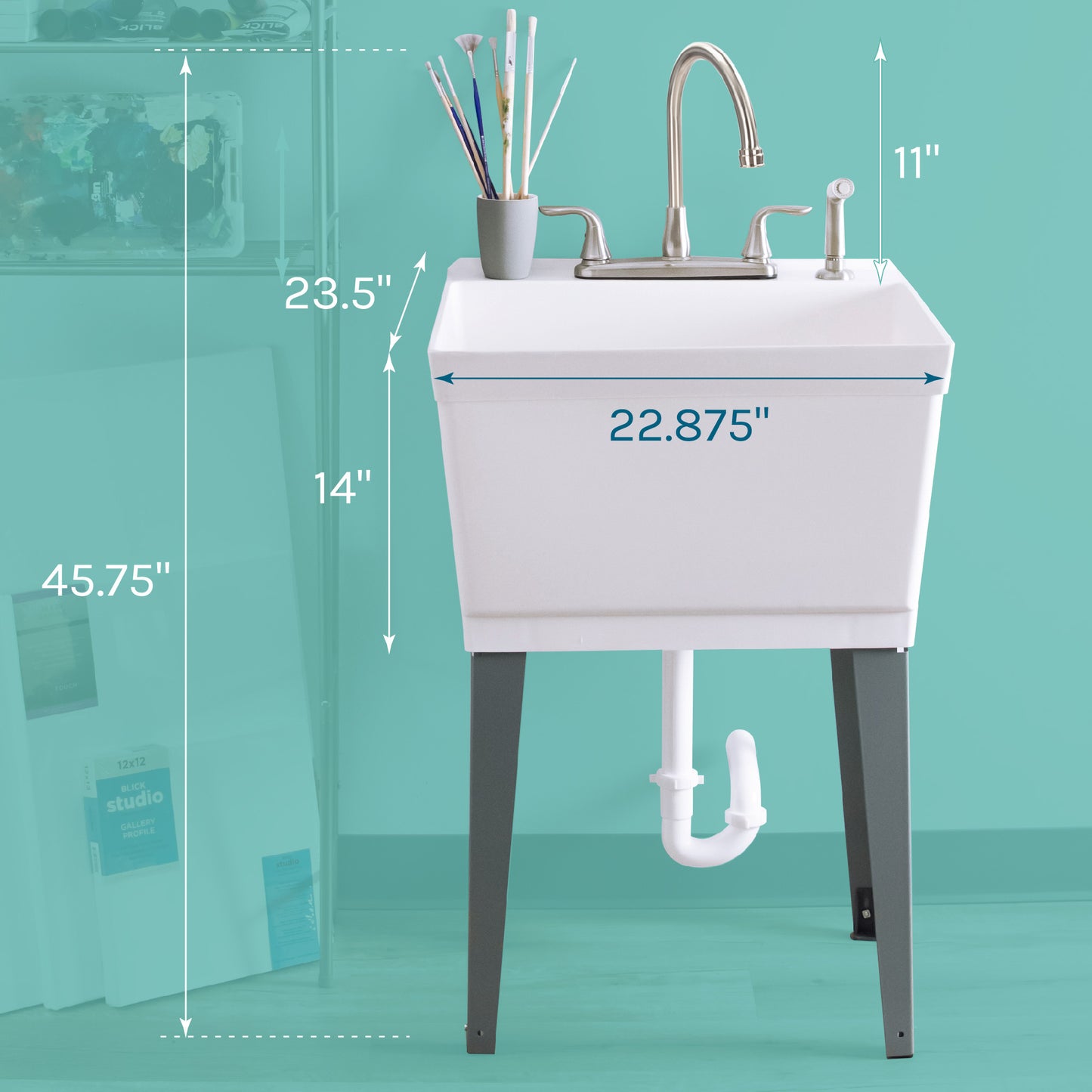 Tehila Standard Freestanding White Utility Sink with Grey Legs and Stainless Steel Finish Wide-set Gooseneck Faucet with Side Sprayer - Utility sinks vanites Tehila