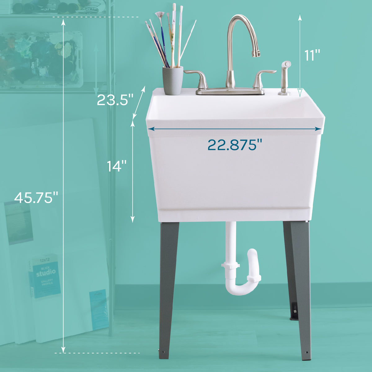 Tehila Standard Freestanding White Utility Sink with Grey Legs and Stainless Steel Finish Wide-set Gooseneck Faucet with Side Sprayer - Utility sinks vanites Tehila