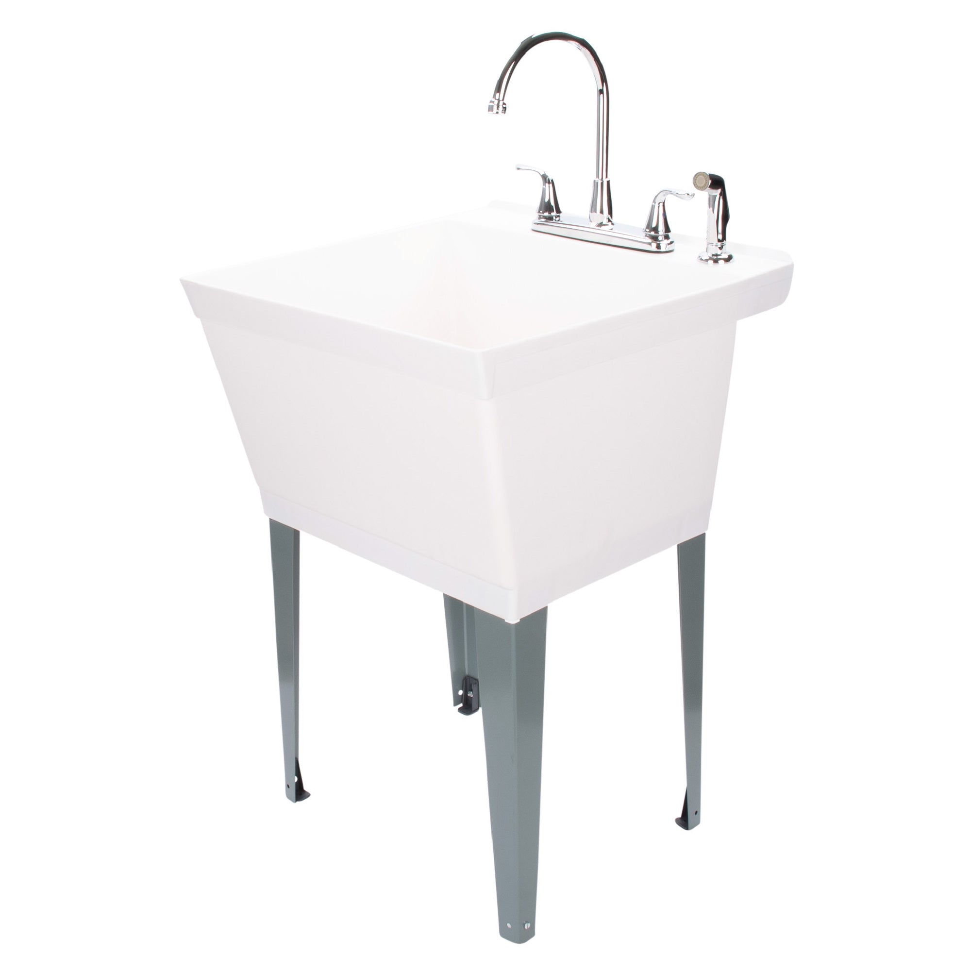 Tehila Standard Freestanding White Utility Sink with Grey Legs and Chrome Finish Wide-set Gooseneck Faucet with Side Sprayer Tehila Standard Freestanding White Utility Sink with Grey Legs and Chrome Finish Wide-set Gooseneck Faucet with Side Sprayer
