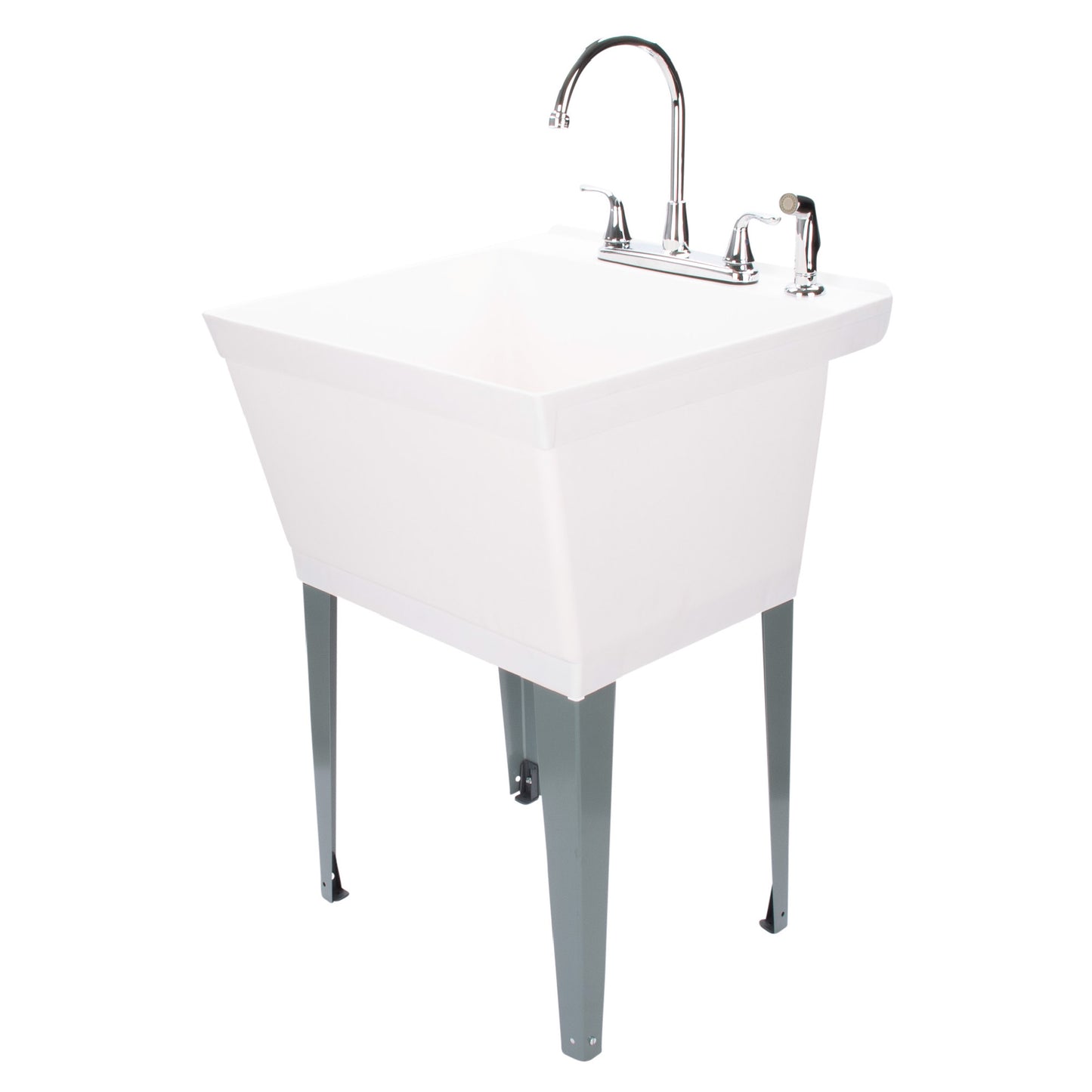 Tehila Standard Freestanding White Utility Sink with Grey Legs and Chrome Finish Wide-set Gooseneck Faucet with Side Sprayer - Utility sinks vanites Tehila