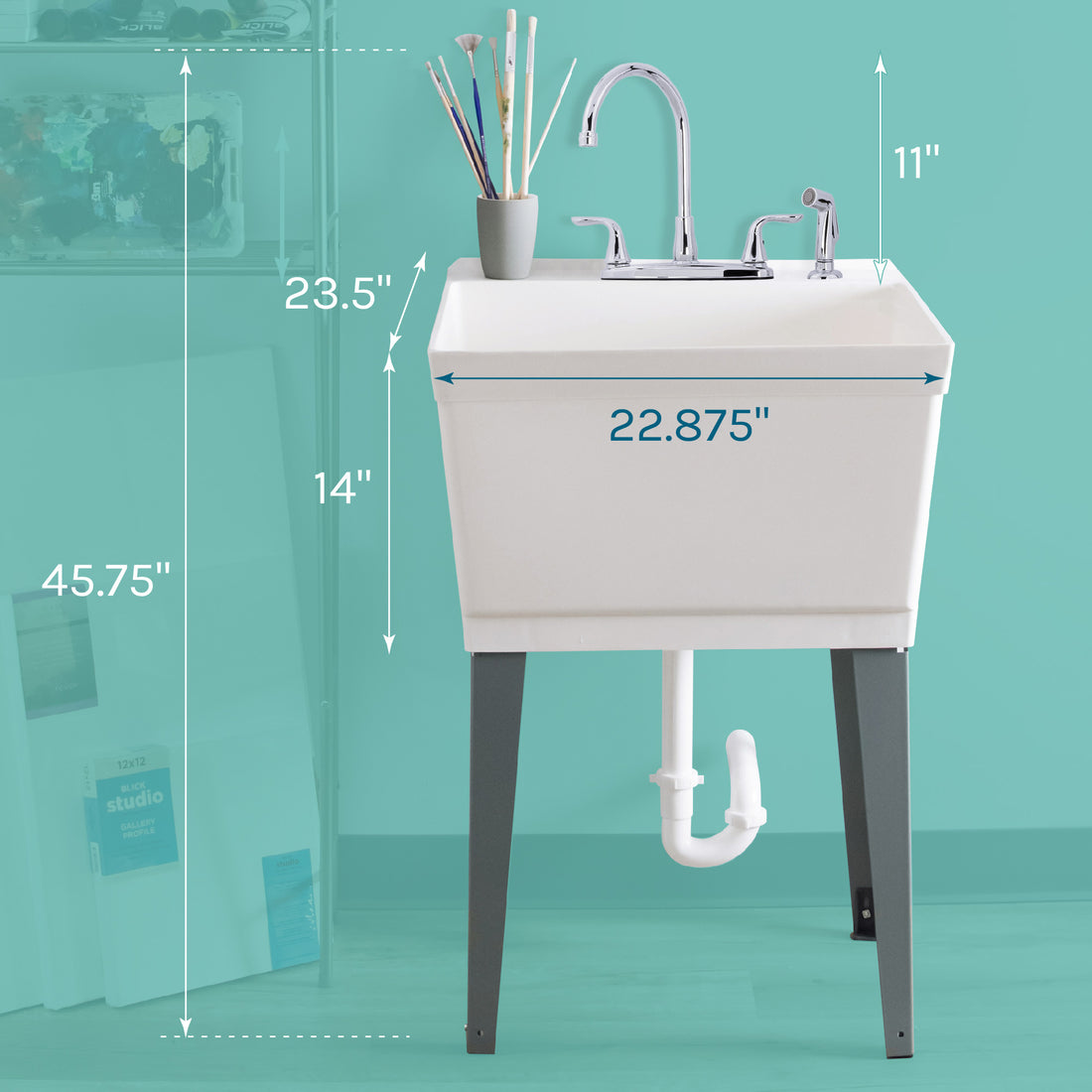 Tehila Standard Freestanding White Utility Sink with Grey Legs and Chrome Finish Wide-set Gooseneck Faucet with Side Sprayer - Utility sinks vanites Tehila