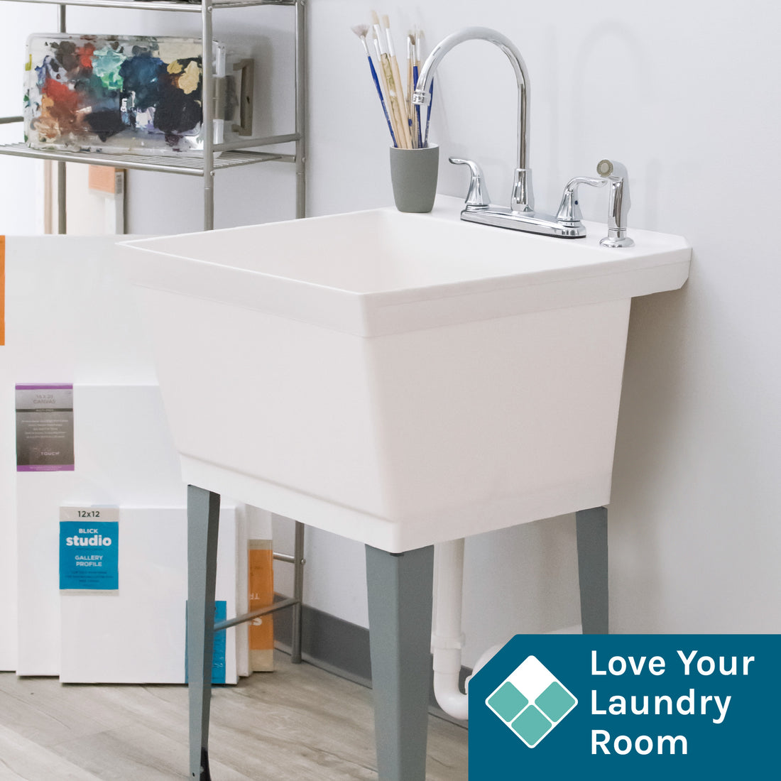 Tehila Standard Freestanding White Utility Sink with Grey Legs and Chrome Finish Wide-set Gooseneck Faucet with Side Sprayer - Utility sinks vanites Tehila