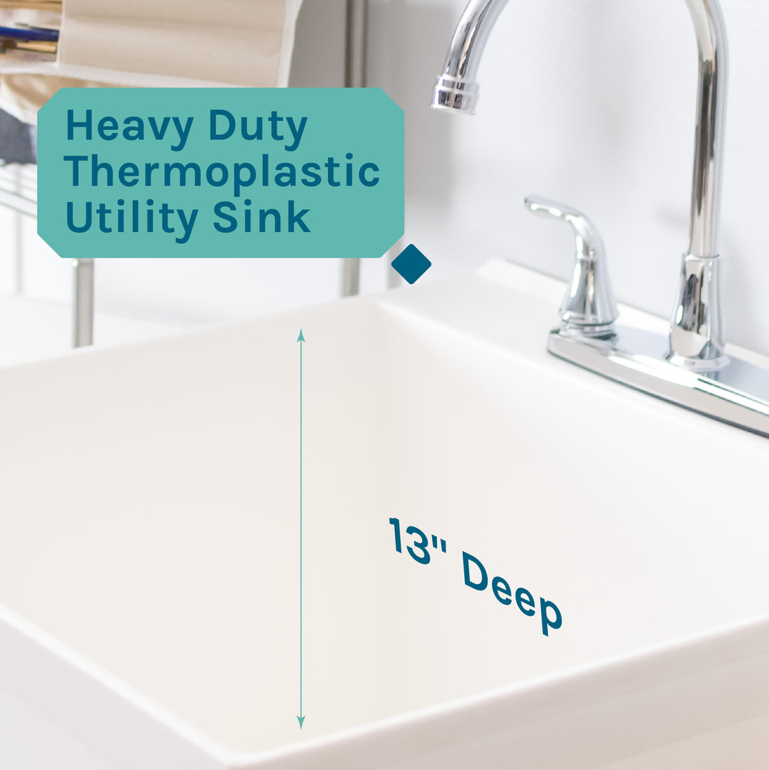 Tehila Standard Freestanding White Utility Sink with Grey Legs and Chrome Finish Wide-set Gooseneck Faucet with Side Sprayer - Utility sinks vanites Tehila