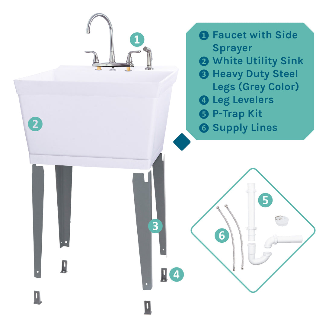 Tehila Standard Freestanding White Utility Sink with Grey Legs and Chrome Finish Wide-set Gooseneck Faucet with Side Sprayer - Utility sinks vanites Tehila