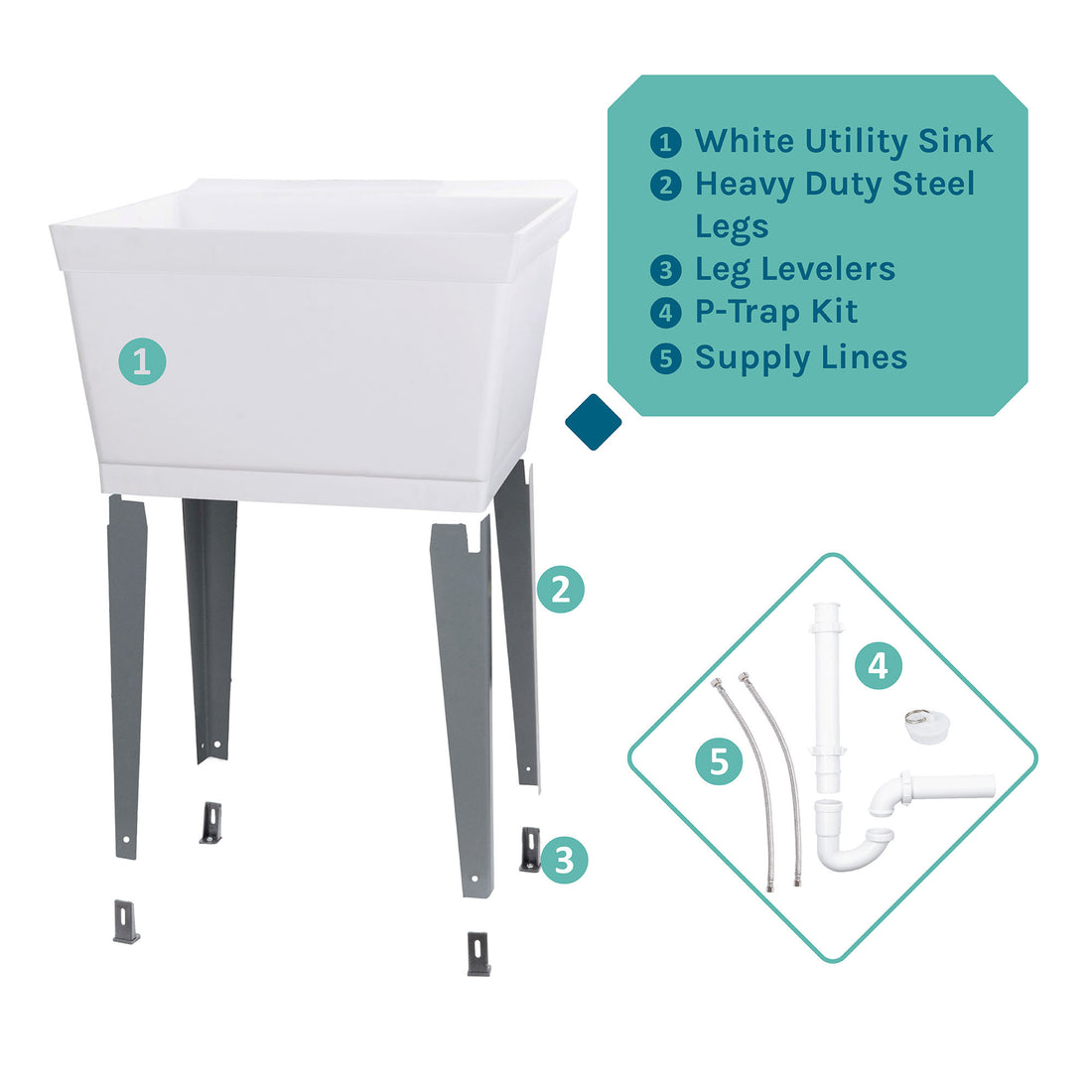 Tehila Standard Freestanding White Utility Sink with Grey Legs, Water Supply Lines Included - Utility sinks vanites Tehila