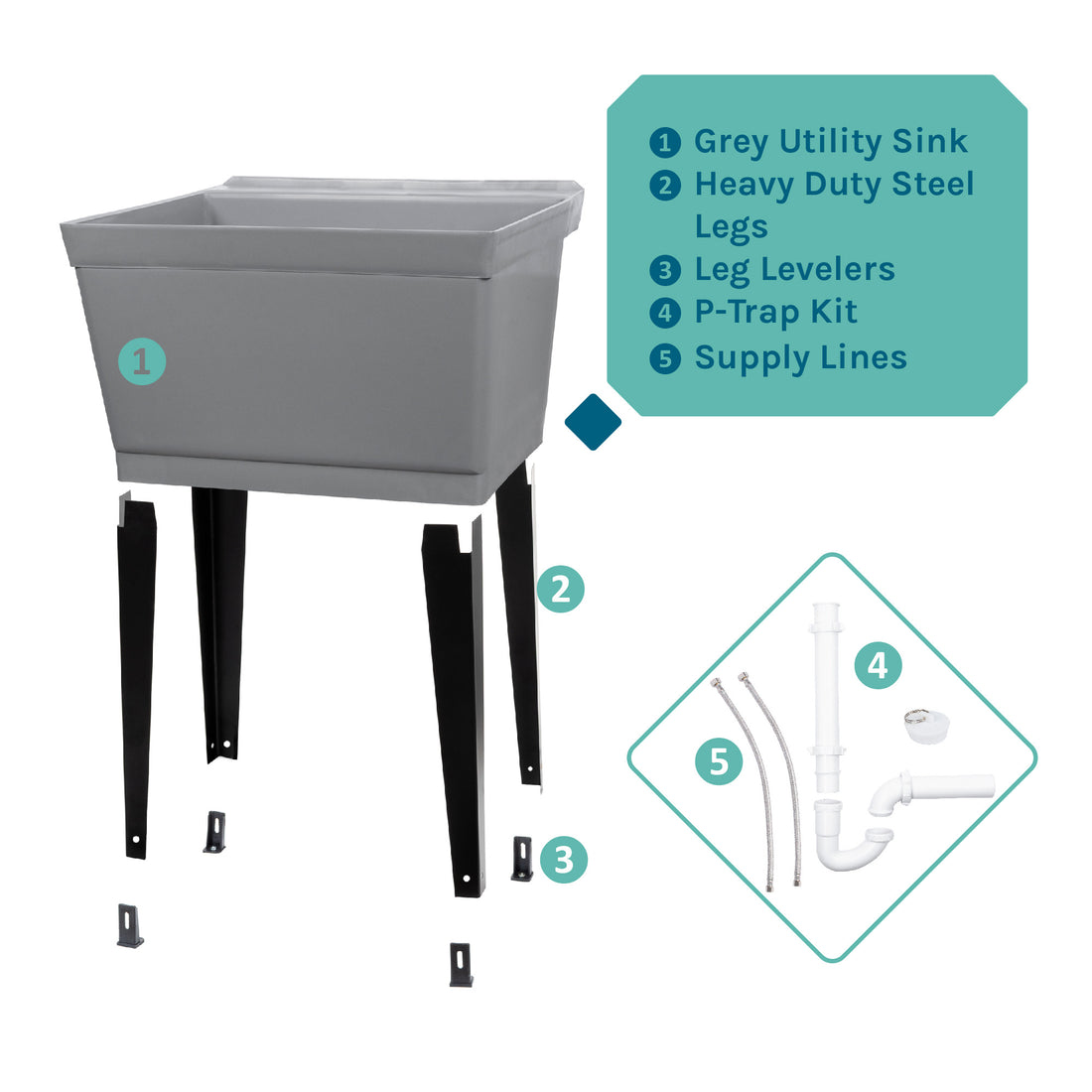 Tehila Standard Freestanding Grey Utility Sink with Black Legs, Water Supply Lines Included - Utility sinks vanites Tehila