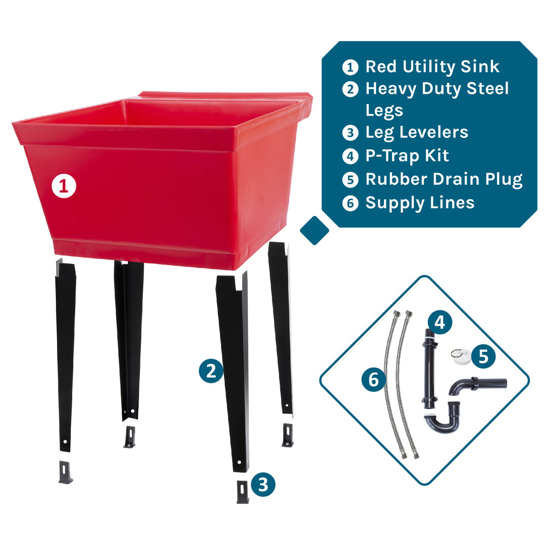 Tehila Standard Freestanding Red Utility Sink with Black Legs, Water Supply Lines Included - Utility sinks vanites Tehila