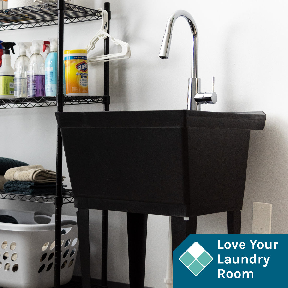 Tehila Standard Freestanding Black Utility Sink with Chrome Finish High-Arc Pull-Down Faucet - Utility sinks vanites Tehila