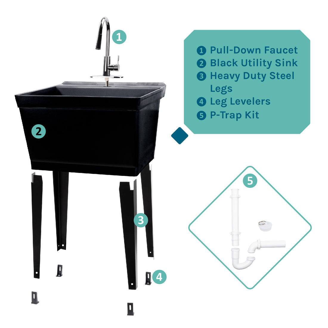 Tehila Standard Freestanding Black Utility Sink with Chrome Finish High-Arc Pull-Down Faucet - Utility sinks vanites Tehila