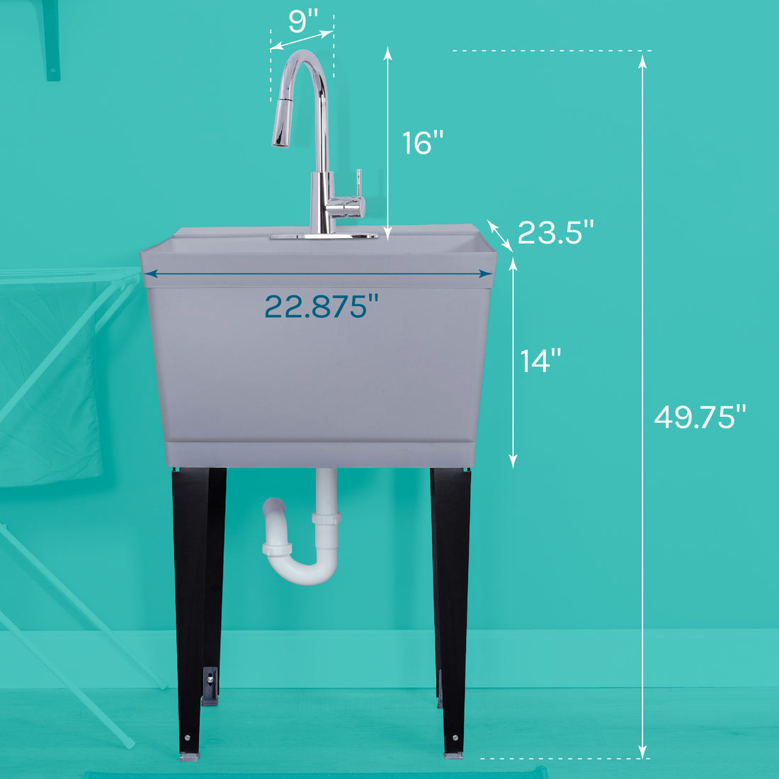 Tehila Standard Freestanding Grey Utility Sink with Chrome Finish High-Arc Pull-Down Faucet - Utility sinks vanites Tehila