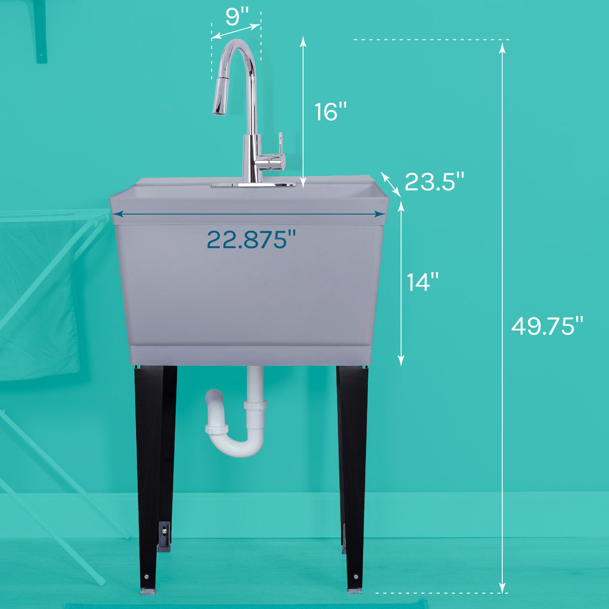 Tehila Standard Freestanding Grey Utility Sink with Chrome Finish High-Arc Pull-Down Faucet - Utility sinks vanites Tehila