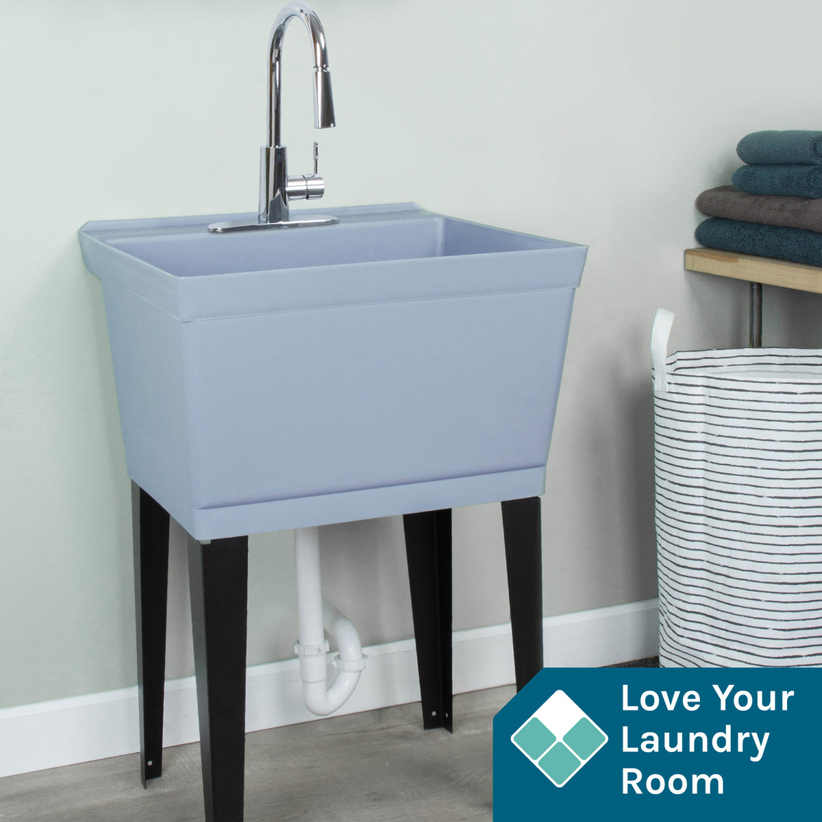 Tehila Standard Freestanding Grey Utility Sink with Chrome Finish High-Arc Pull-Down Faucet - Utility sinks vanites Tehila