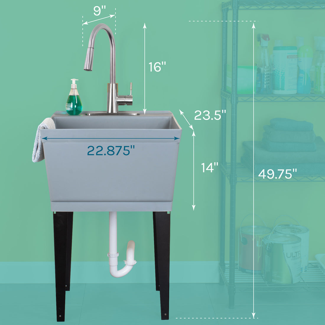 Tehila Standard Freestanding Grey Utility Sink with Stainless Steel Finish High-ArcPull-Down Faucet - Utility sinks vanites Tehila