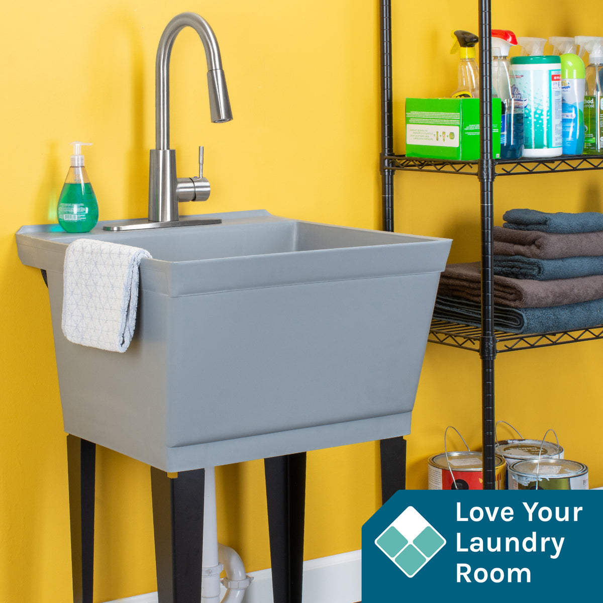 Tehila Standard Freestanding Grey Utility Sink with Stainless Steel Finish High-ArcPull-Down Faucet - Utility sinks vanites Tehila