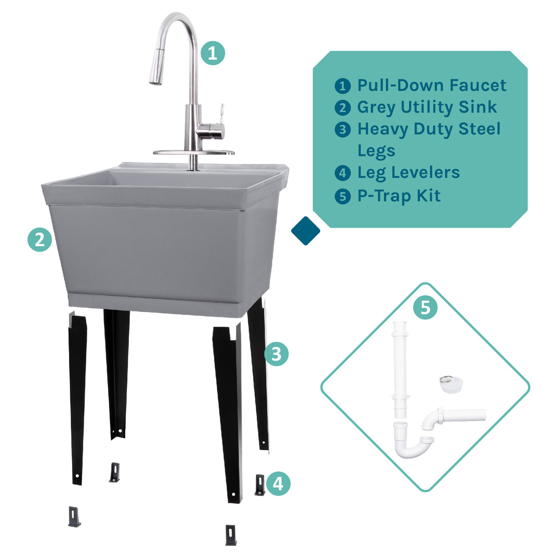 Tehila Standard Freestanding Grey Utility Sink with Stainless Steel Finish High-ArcPull-Down Faucet - Utility sinks vanites Tehila