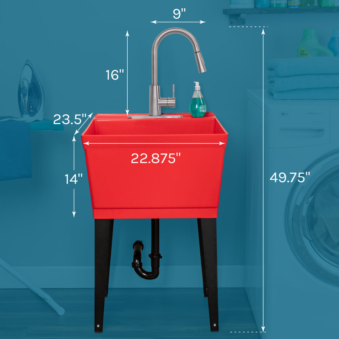 Tehila Standard Freestanding Red Utility Sink with Stainless Steel Finish High-Arc Pull-Down Faucet - Utility sinks vanites Tehila