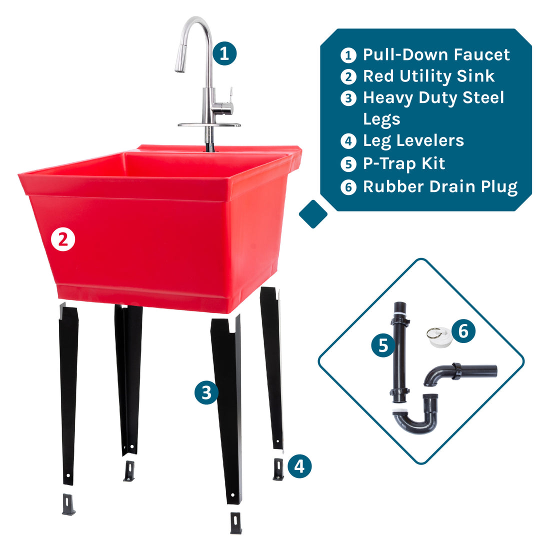 Tehila Standard Freestanding Red Utility Sink with Stainless Steel Finish High-Arc Pull-Down Faucet - Utility sinks vanites Tehila
