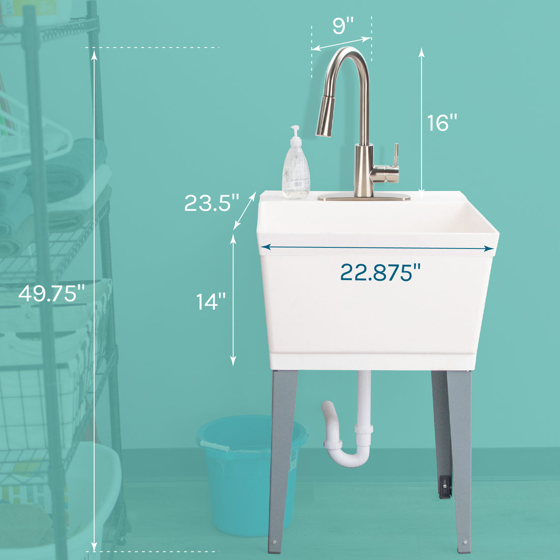 Tehila Standard Freestanding White Utility Sink with Stainless Steel Finish High-Arc Pull-Down Faucet - Utility sinks vanites Tehila