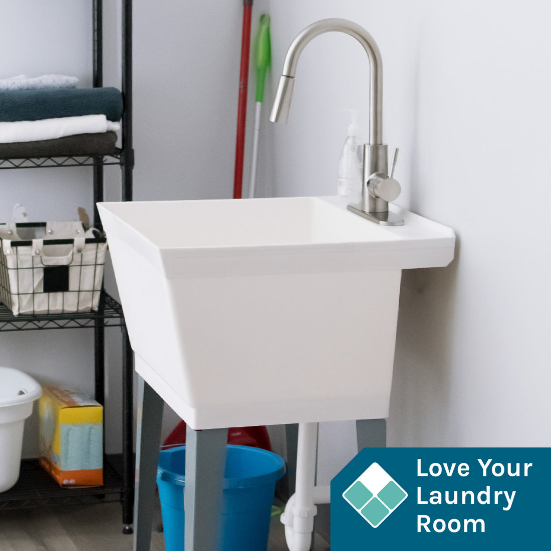 Tehila Standard Freestanding White Utility Sink with Stainless Steel Finish High-Arc Pull-Down Faucet - Utility sinks vanites Tehila