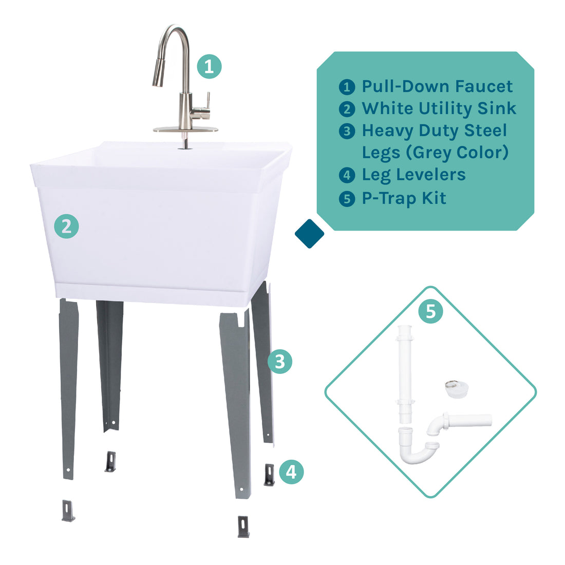 Tehila Standard Freestanding White Utility Sink with Stainless Steel Finish High-Arc Pull-Down Faucet - Utility sinks vanites Tehila