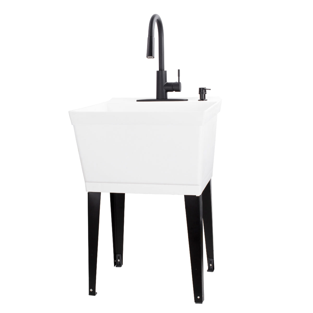 Tehila Standard Freestanding White Utility Sink with Black Finish High-Arc Pull-Down Faucet and Soap Dispenser - Utility sinks vanites Tehila
