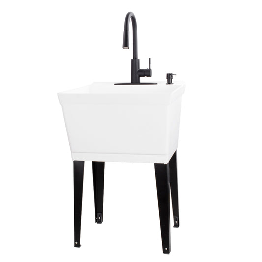 Tehila Standard Freestanding White Utility Sink with Black Finish High-Arc Pull-Down Faucet and Soap Dispenser - Utility sinks vanites Tehila