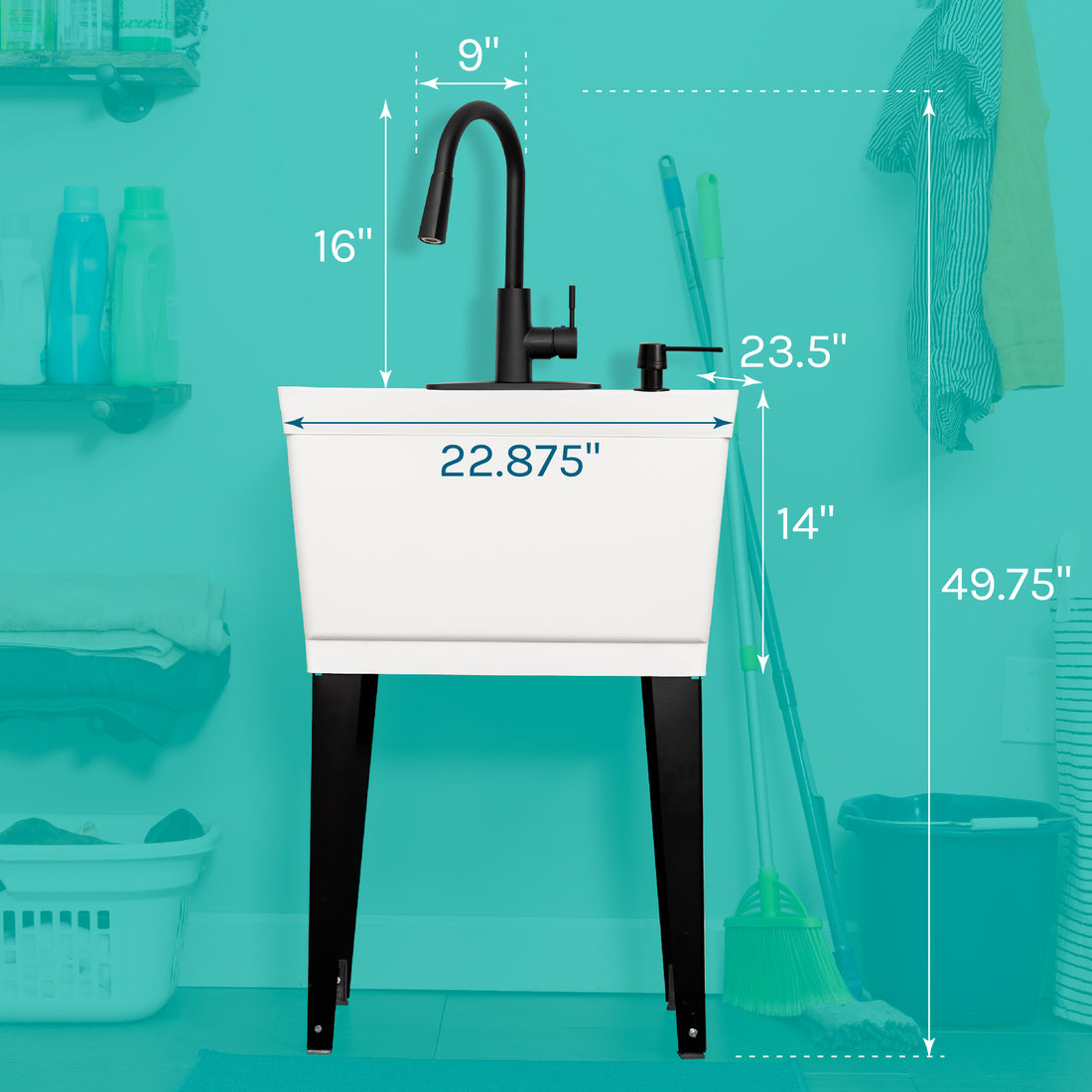 Tehila Standard Freestanding White Utility Sink with Black Finish High-Arc Pull-Down Faucet and Soap Dispenser - Utility sinks vanites Tehila