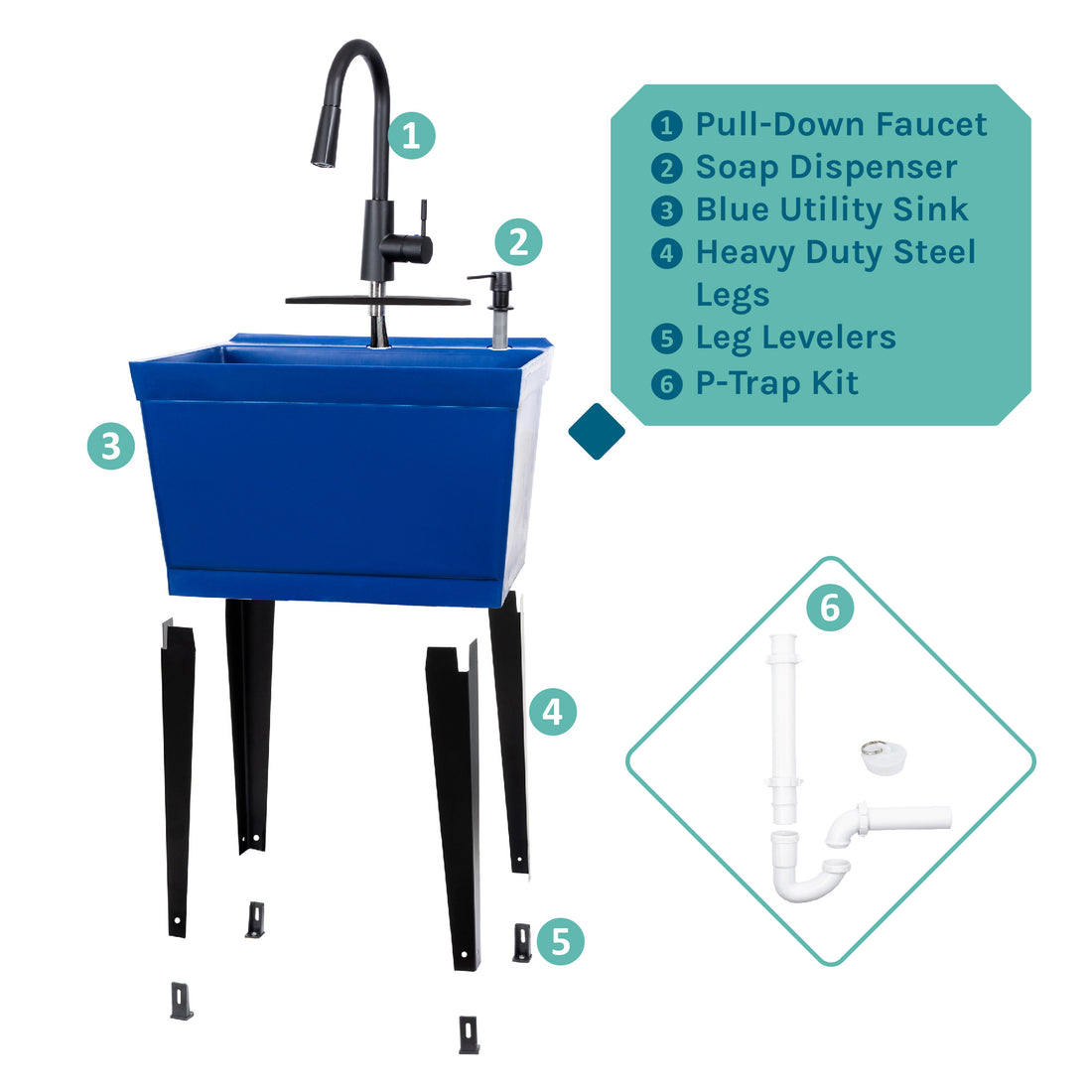 Tehila Standard Freestanding Blue Utility Sink with Black Finish High-Arc Pull-Down Faucet and Soap Dispenser - Utility sinks vanites Tehila