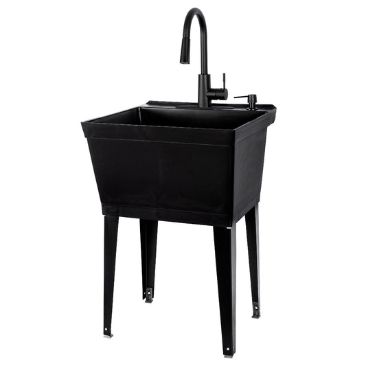 Tehila Standard Freestanding Black Utility Sink with Black Finish High-Arc Pull-Down Faucet and Soap Dispenser - Utility sinks vanites Tehila