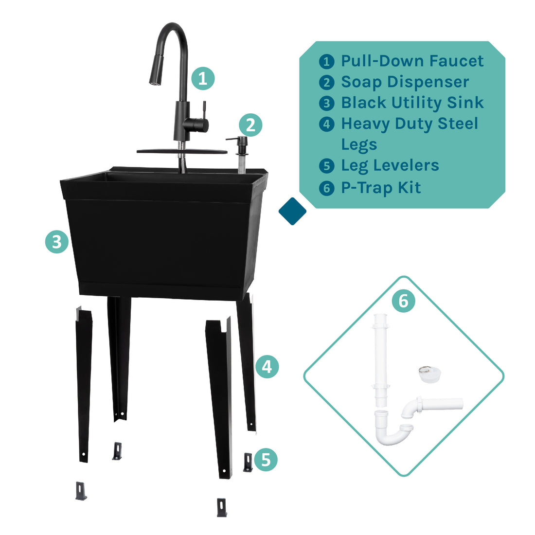 Tehila Standard Freestanding Black Utility Sink with Black Finish High-Arc Pull-Down Faucet and Soap Dispenser - Utility sinks vanites Tehila