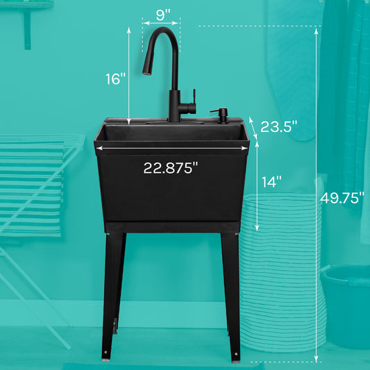 Tehila Standard Freestanding Black Utility Sink with Black Finish High-Arc Pull-Down Faucet and Soap Dispenser - Utility sinks vanites Tehila