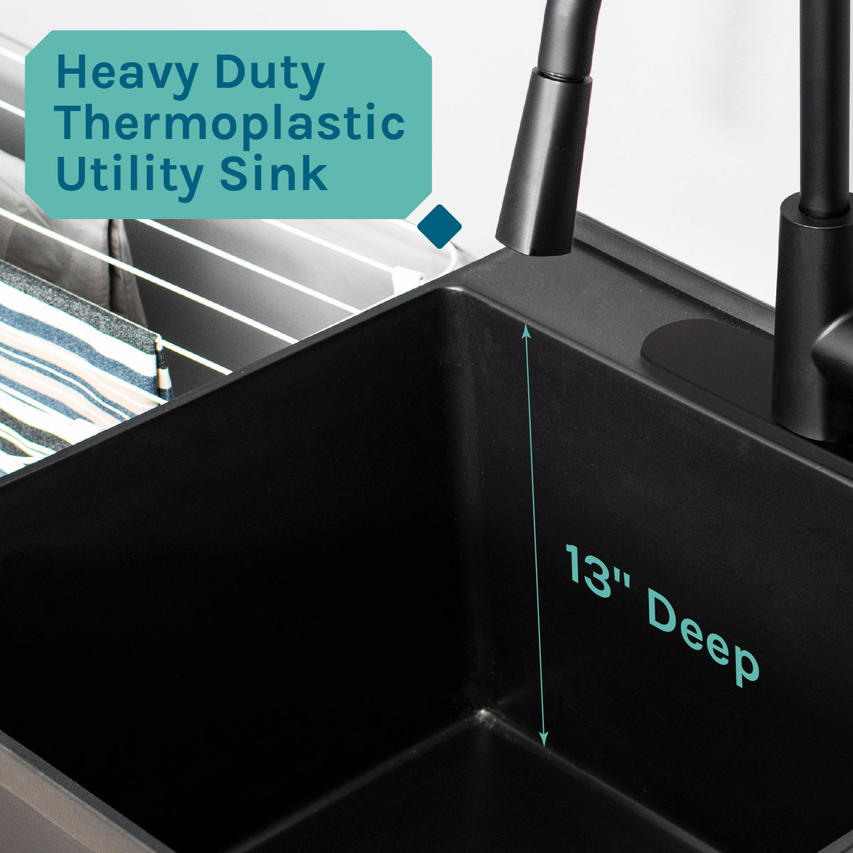 Tehila Standard Freestanding Black Utility Sink with Black Finish High-Arc Pull-Down Faucet and Soap Dispenser - Utility sinks vanites Tehila