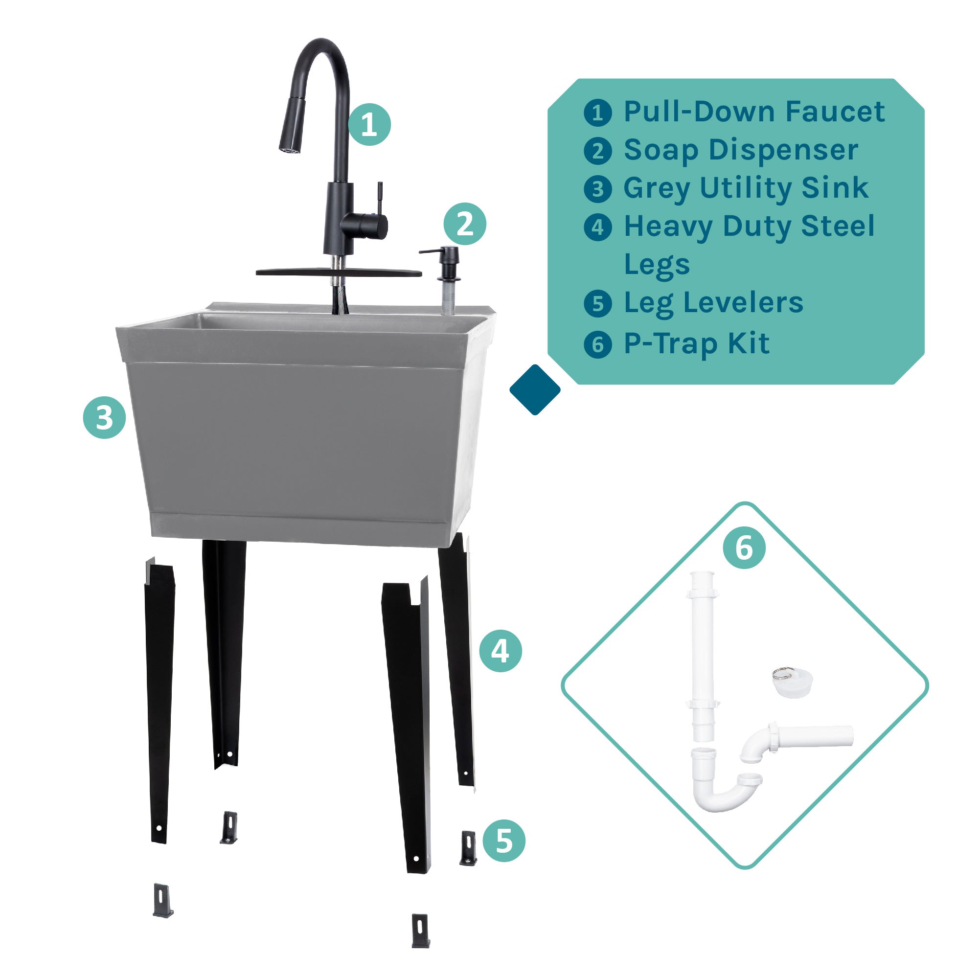 Grey 19 Gallon Utility Sink with Black High-Arc Faucet 6507