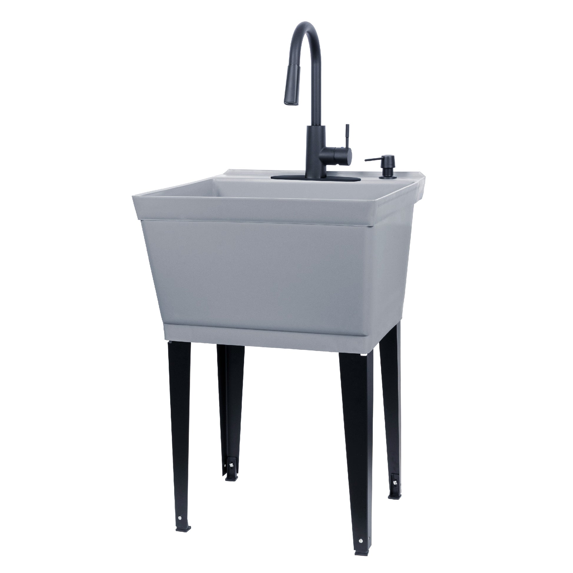Tehila Standard Freestanding Grey Utility Sink with Black Finish High-Arc Pull-Down Faucet and Soap Dispenser - Utility sinks vanites Tehila