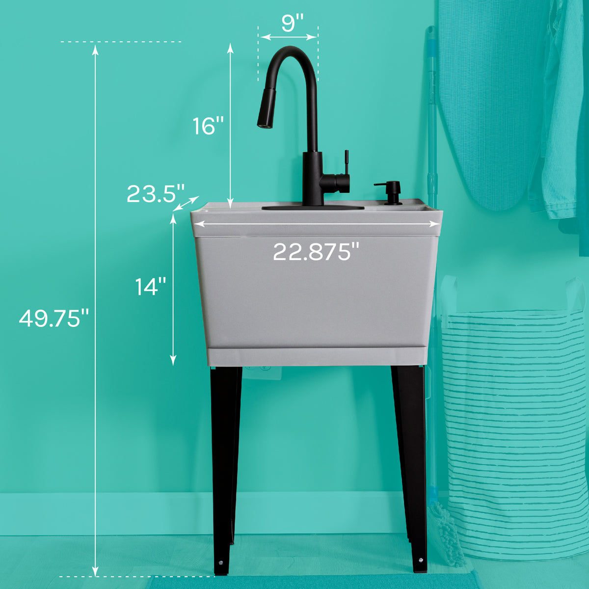 Tehila Standard Freestanding Grey Utility Sink with Black Finish High-Arc Pull-Down Faucet and Soap Dispenser - Utility sinks vanites Tehila