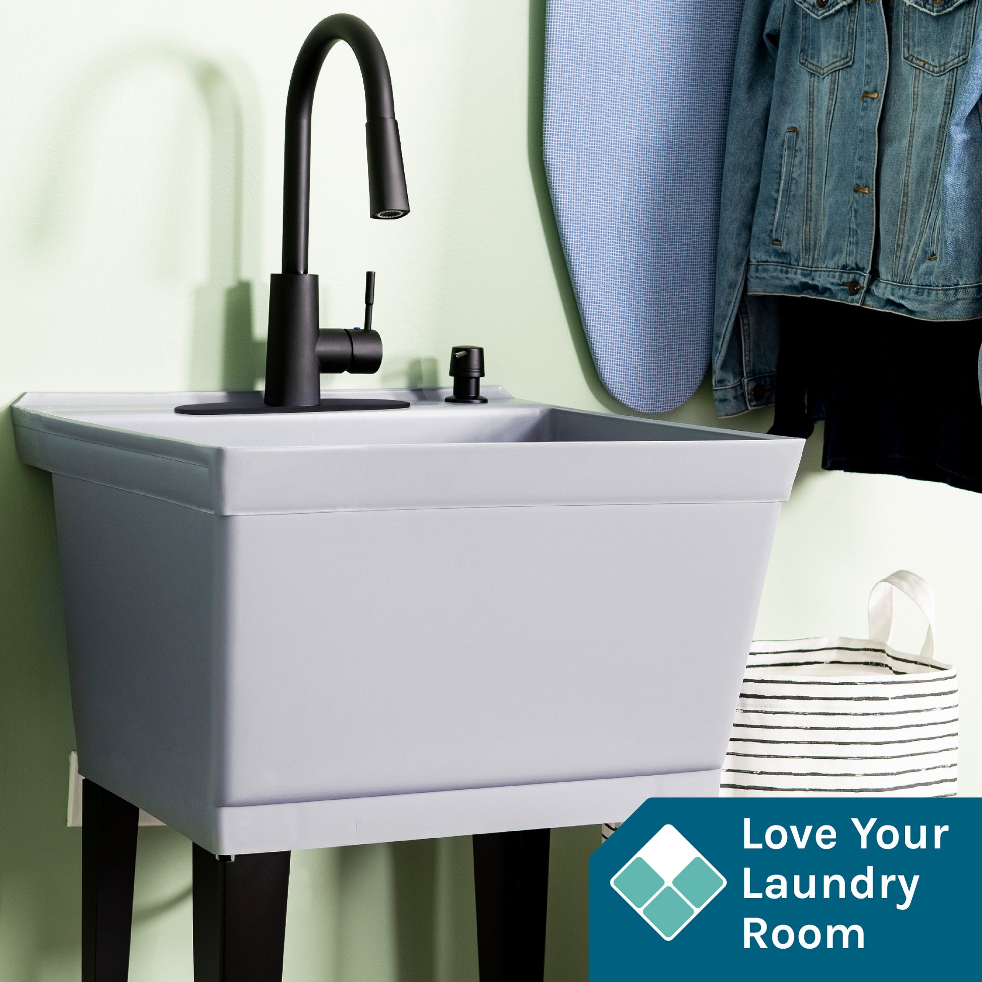 Tehila Standard Freestanding Grey Utility Sink with Black Finish High-Arc Pull-Down Faucet and Soap Dispenser - Utility sinks vanites Tehila