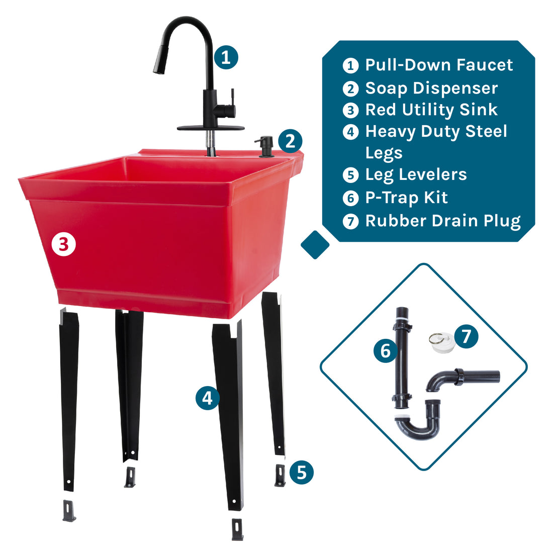 Tehila Standard Freestanding Red Utility Sink with Black Finish High-Arc Pull-Down Faucet and Soap Dispenser - Utility sinks vanites Tehila