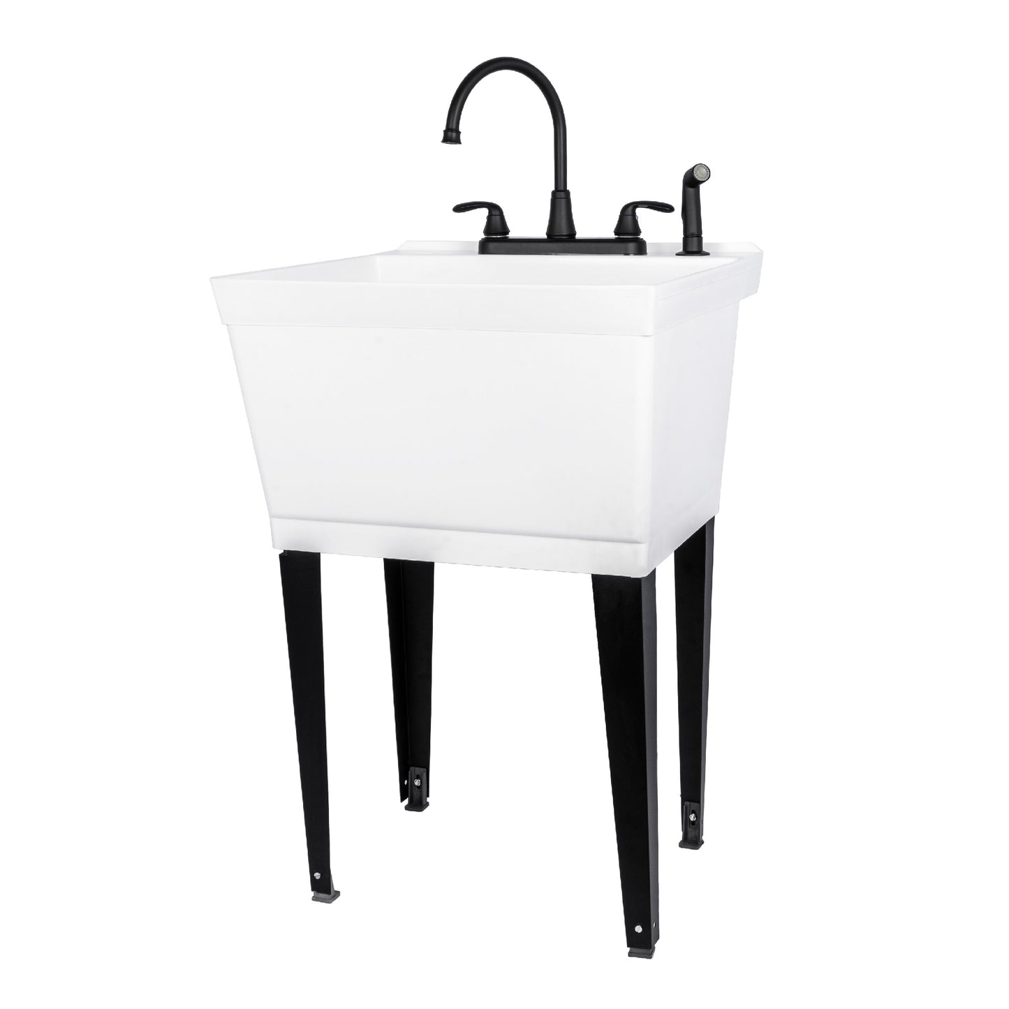 Tehila Standard Freestanding White Utility Sink with Black Legs and Black Finish Wide-set Gooseneck Faucet with Side Sprayer - Utility sinks vanites Tehila