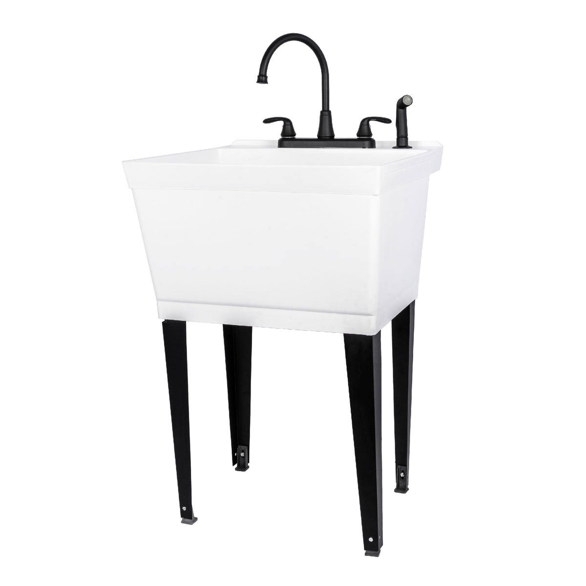 Tehila Standard Freestanding White Utility Sink with Black Legs and Black Finish Wide-set Gooseneck Faucet with Side Sprayer - Utility sinks vanites Tehila