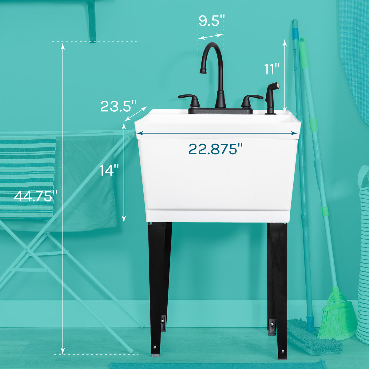 Tehila Standard Freestanding White Utility Sink with Black Legs and Black Finish Wide-set Gooseneck Faucet with Side Sprayer - Utility sinks vanites Tehila