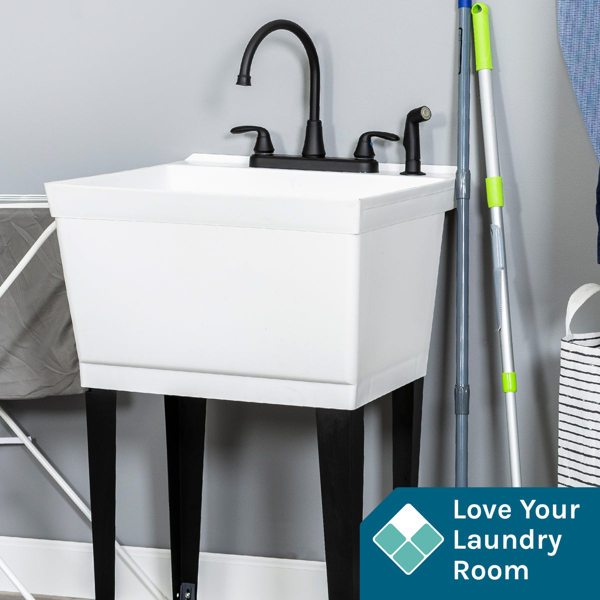 Tehila Standard Freestanding White Utility Sink with Black Legs and Black Finish Wide-set Gooseneck Faucet with Side Sprayer - Utility sinks vanites Tehila