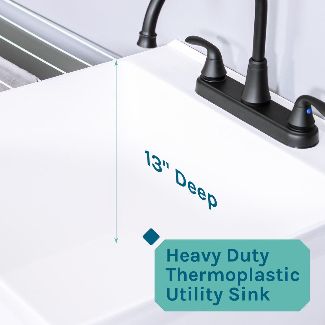 Tehila Standard Freestanding White Utility Sink with Black Legs and Black Finish Wide-set Gooseneck Faucet with Side Sprayer - Utility sinks vanites Tehila