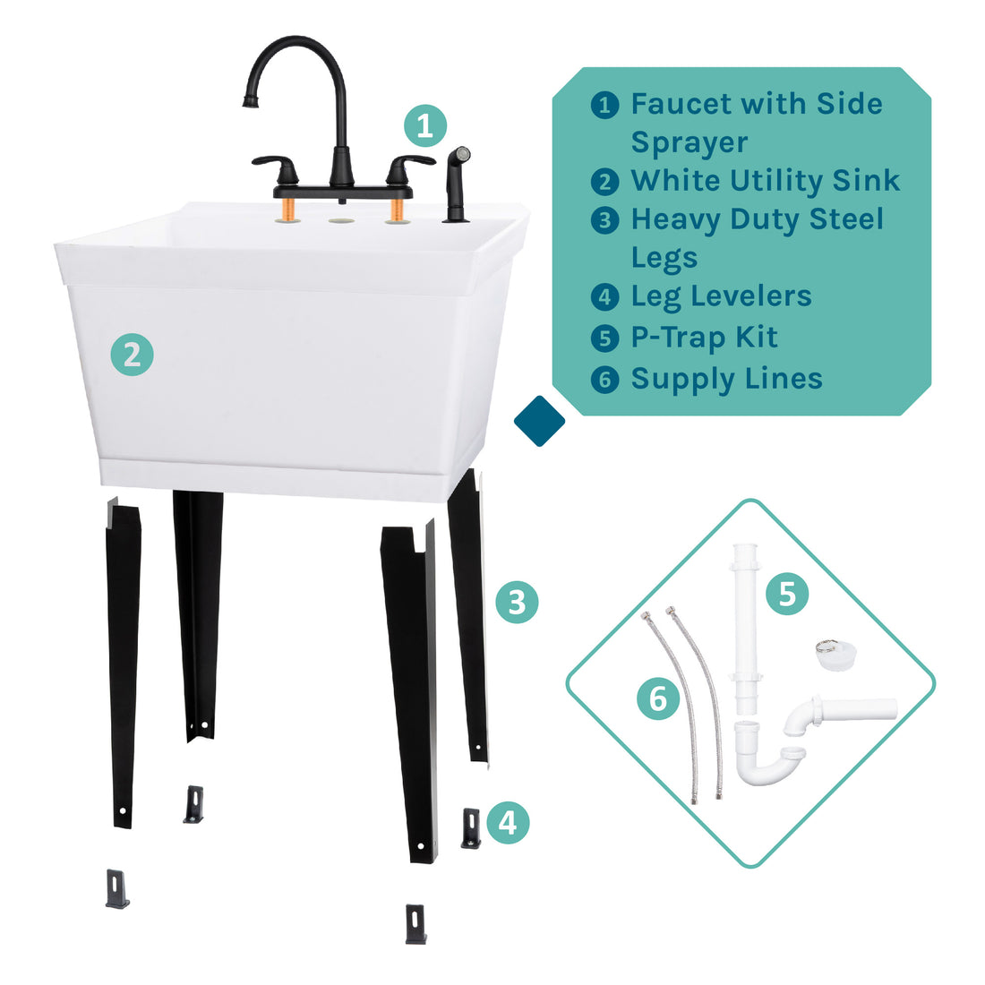Tehila Standard Freestanding White Utility Sink with Black Legs and Black Finish Wide-set Gooseneck Faucet with Side Sprayer - Utility sinks vanites Tehila
