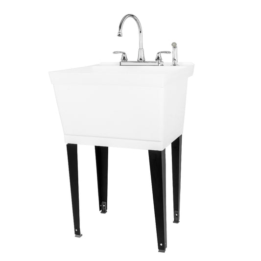 Tehila Standard Freestanding White Utility Sink with Black Legs and Chrome Finish Wide-set Gooseneck Faucet with Side Sprayer - Utility sinks vanites Tehila