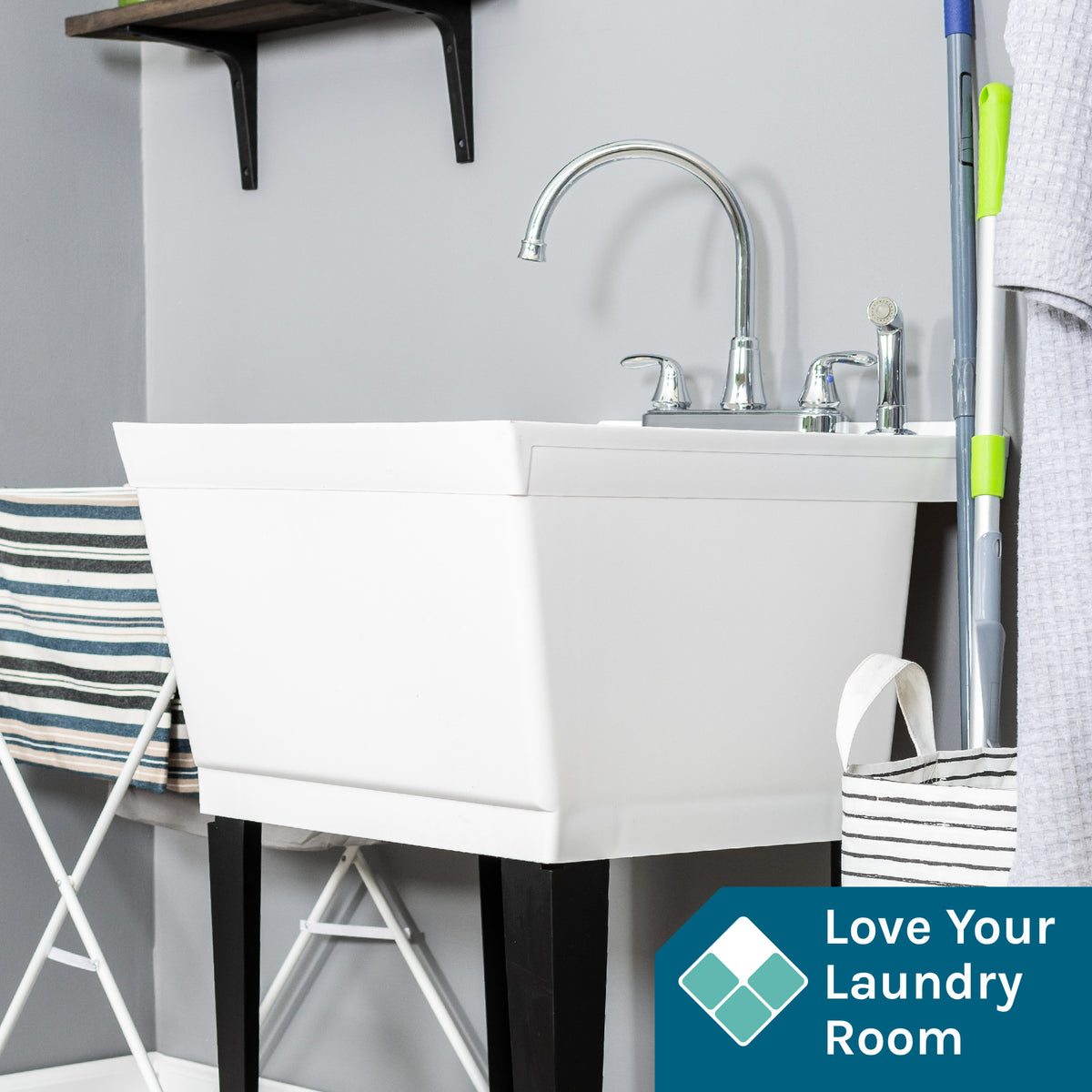 Tehila Standard Freestanding White Utility Sink with Black Legs and Chrome Finish Wide-set Gooseneck Faucet with Side Sprayer - Utility sinks vanites Tehila