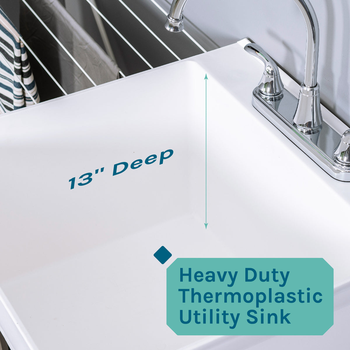 Tehila Standard Freestanding White Utility Sink with Black Legs and Chrome Finish Wide-set Gooseneck Faucet with Side Sprayer - Utility sinks vanites Tehila
