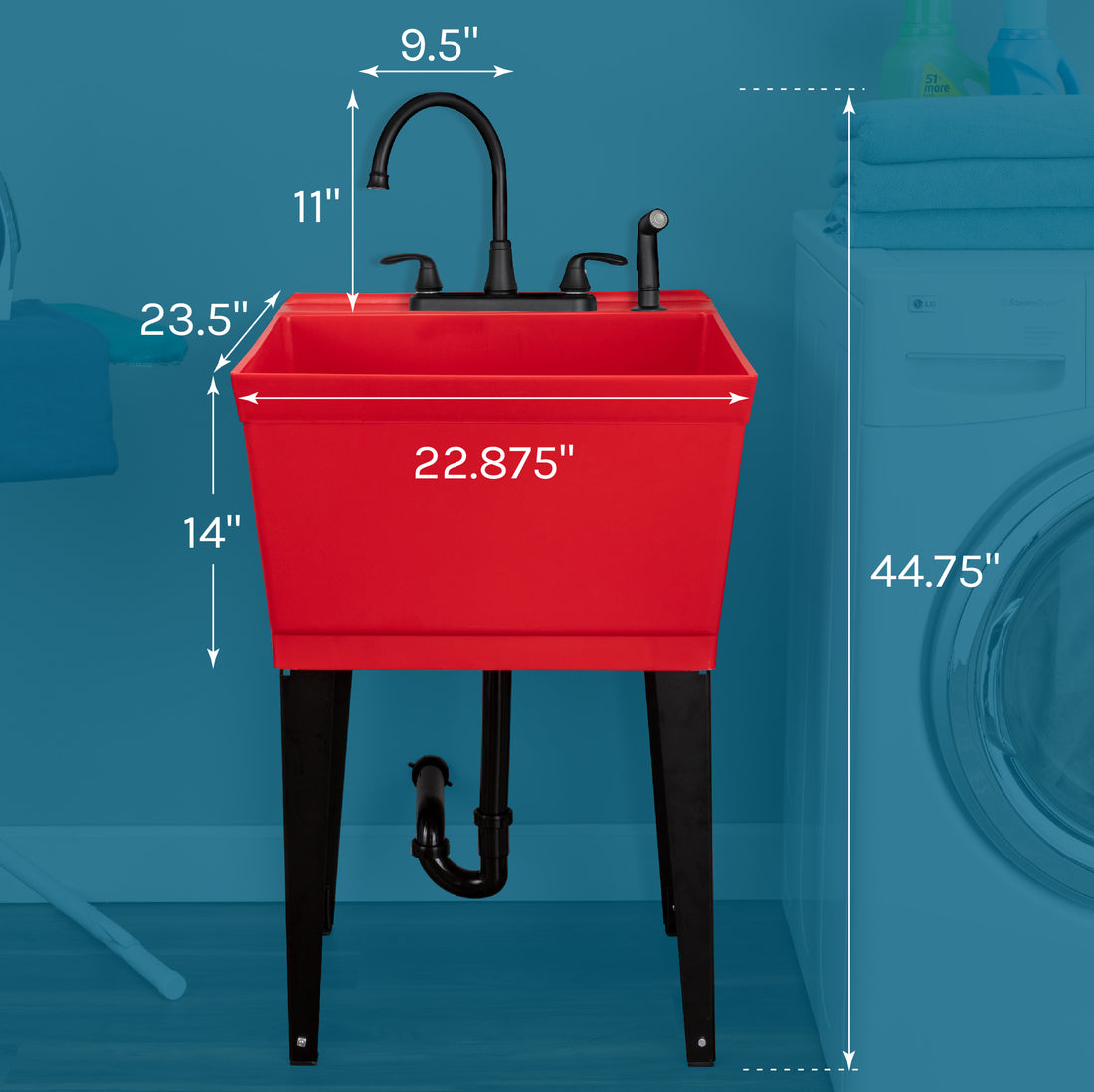 Tehila Standard Freestanding Red Utility Sink with Black Legs and Black Finish Wide-set Gooseneck Faucet with Side Sprayer - Utility sinks vanites Tehila